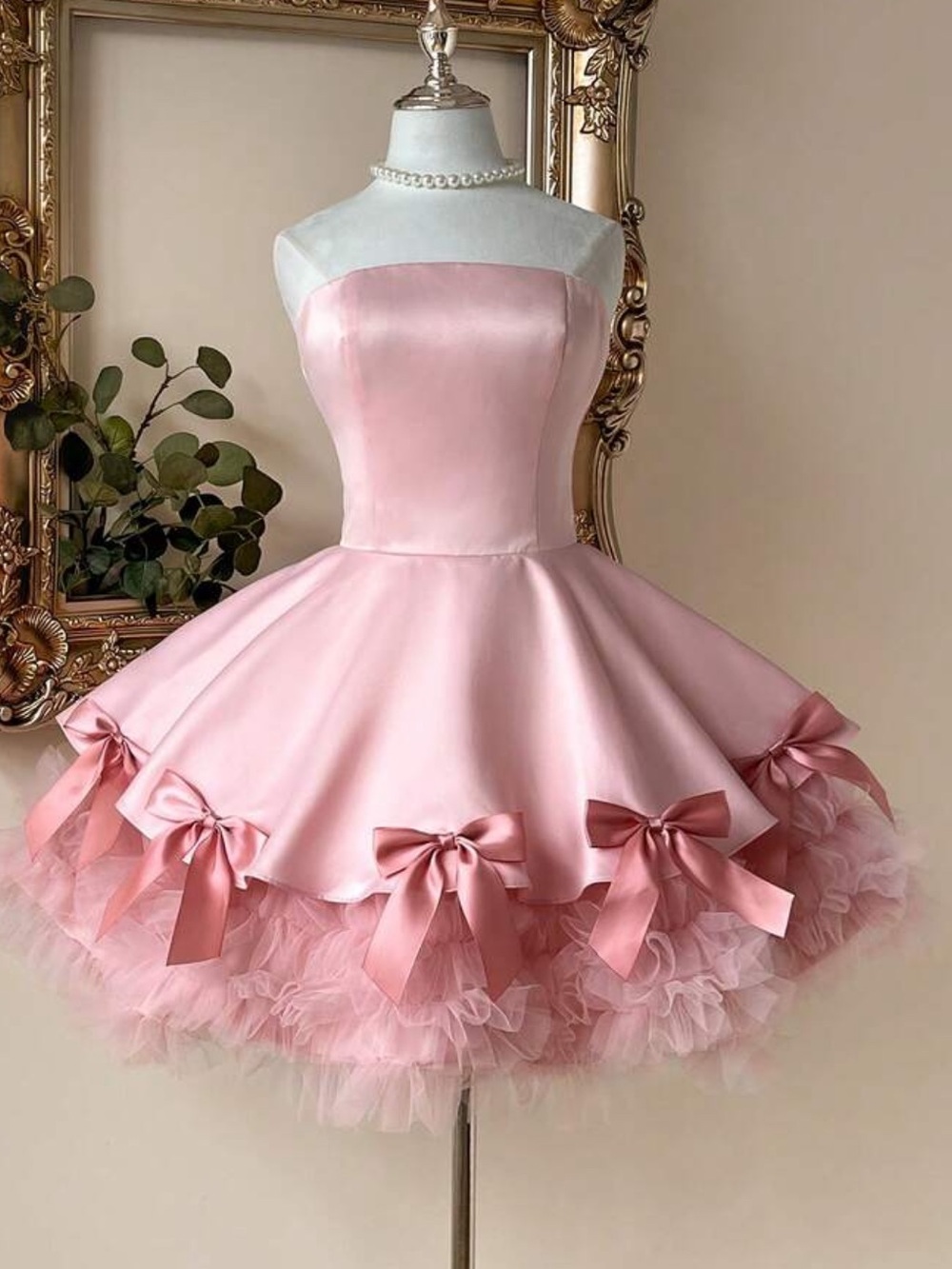 Elegant Pink Strapless Satin & Mesh Dress,Handmade Bow Multi-Layered